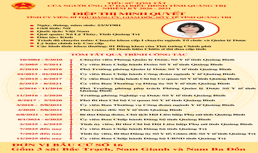 Trân trọng giới thiệu thông tin của đồng chí: Diệp Thị Minh Quyết, Tỉnh uỷ viên, Bí thư Đảng ủy, Giám đốc Sở Y tế tỉnh Quảng Trị ứng cử viên Đại biểu Hội đồng Nhân dân tỉnh Quảng Trị, nhiệm kỳ 2026 - 2031 (2)