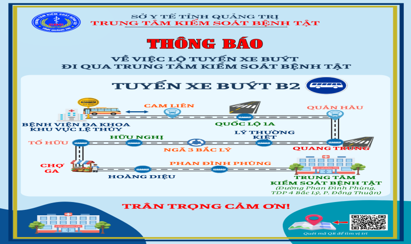 Thông báo về lộ tuyến xe buýt đi qua Trung tâm Kiểm soát bệnh tật tỉnh
