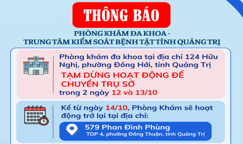 Thông báo về việc chuyển Phòng khám đa khoa - Trung tâm Kiểm soát bệnh tật